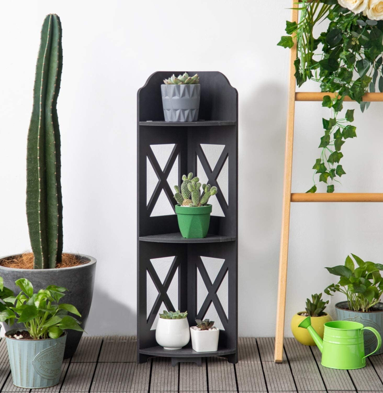 3-etasni kutni stalak za pod - multifunkcionalan, lagano premještanje, otporan na vlagu; materijal: PVC-drevo-plastika ploča; minimalistički stil
