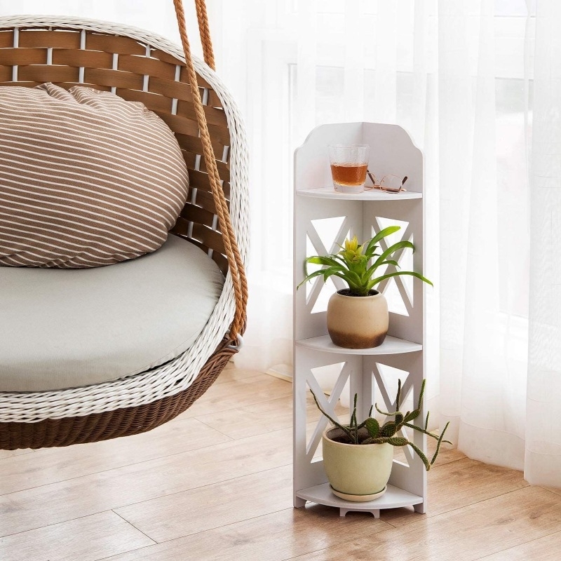 3-etasni kutni stalak za pod - multifunkcionalan, lagano premještanje, otporan na vlagu; materijal: PVC-drevo-plastika ploča; minimalistički stil