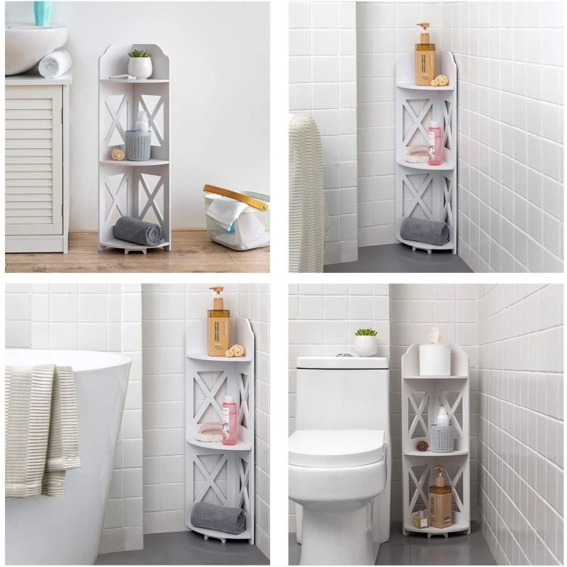 3-etasni kutni stalak za pod - multifunkcionalan, lagano premještanje, otporan na vlagu; materijal: PVC-drevo-plastika ploča; minimalistički stil