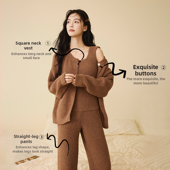 Sieviešu pusvelūra pidžamu komplekts, Korejas stilā, trīs daļas, apaļš kakla izgriezums, garas piedurknes, bikses, var nēsāt ārpus telpām