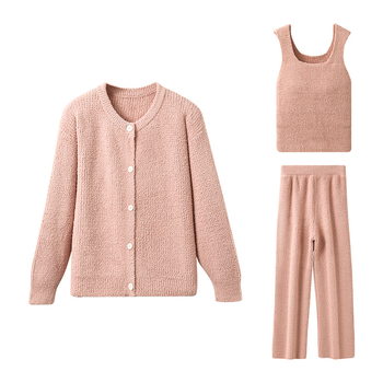 Sieviešu pusvelūra pidžamu komplekts, Korejas stilā, trīs daļas, apaļš kakla izgriezums, garas piedurknes, bikses, var nēsāt ārpus telpām