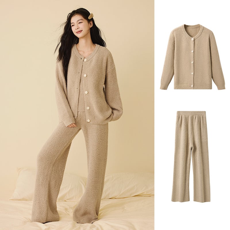 Sieviešu pusvelūra pidžamu komplekts, Korejas stilā, trīs daļas, apaļš kakla izgriezums, garas piedurknes, bikses, var nēsāt ārpus telpām