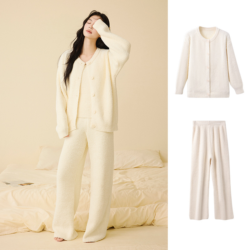 Sieviešu pusvelūra pidžamu komplekts, Korejas stilā, trīs daļas, apaļš kakla izgriezums, garas piedurknes, bikses, var nēsāt ārpus telpām