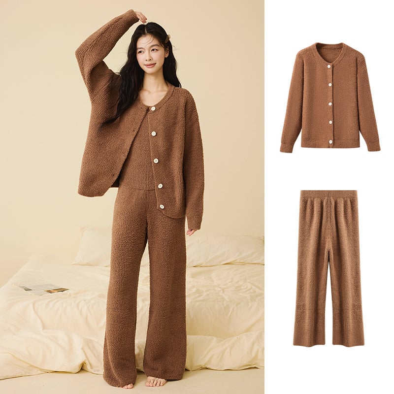 Sieviešu pusvelūra pidžamu komplekts, Korejas stilā, trīs daļas, apaļš kakla izgriezums, garas piedurknes, bikses, var nēsāt ārpus telpām
