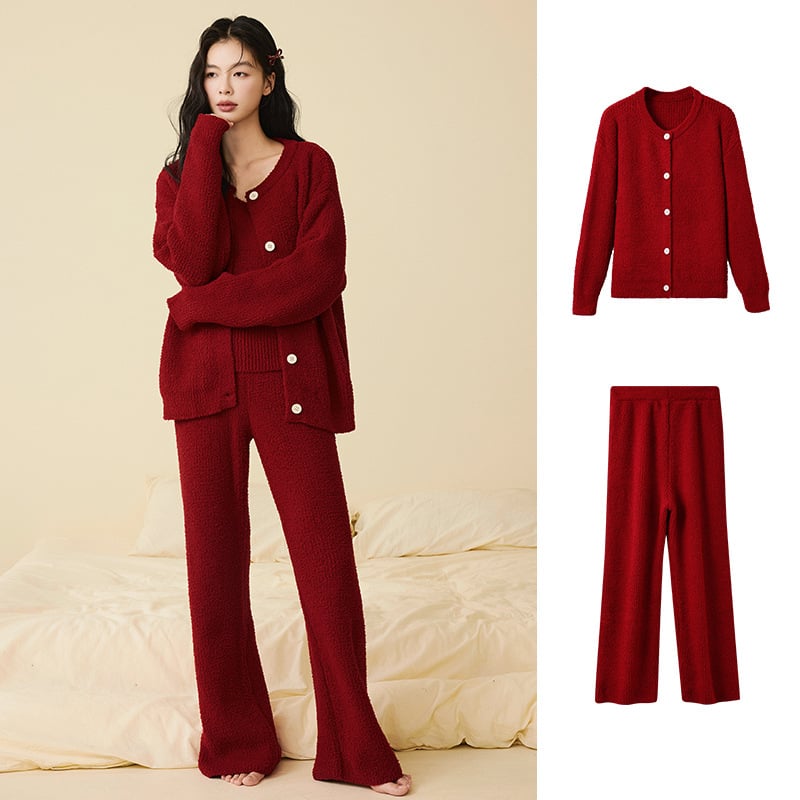 Sieviešu pusvelūra pidžamu komplekts, Korejas stilā, trīs daļas, apaļš kakla izgriezums, garas piedurknes, bikses, var nēsāt ārpus telpām