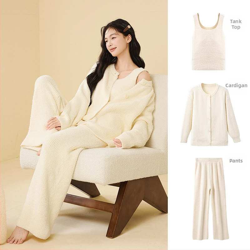 Sieviešu pusvelūra pidžamu komplekts, Korejas stilā, trīs daļas, apaļš kakla izgriezums, garas piedurknes, bikses, var nēsāt ārpus telpām