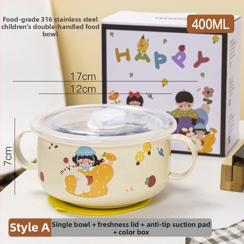 Bol pentru copii din oțel inoxidabil, formă rotundă, suprafață glazurată, design drăguț.