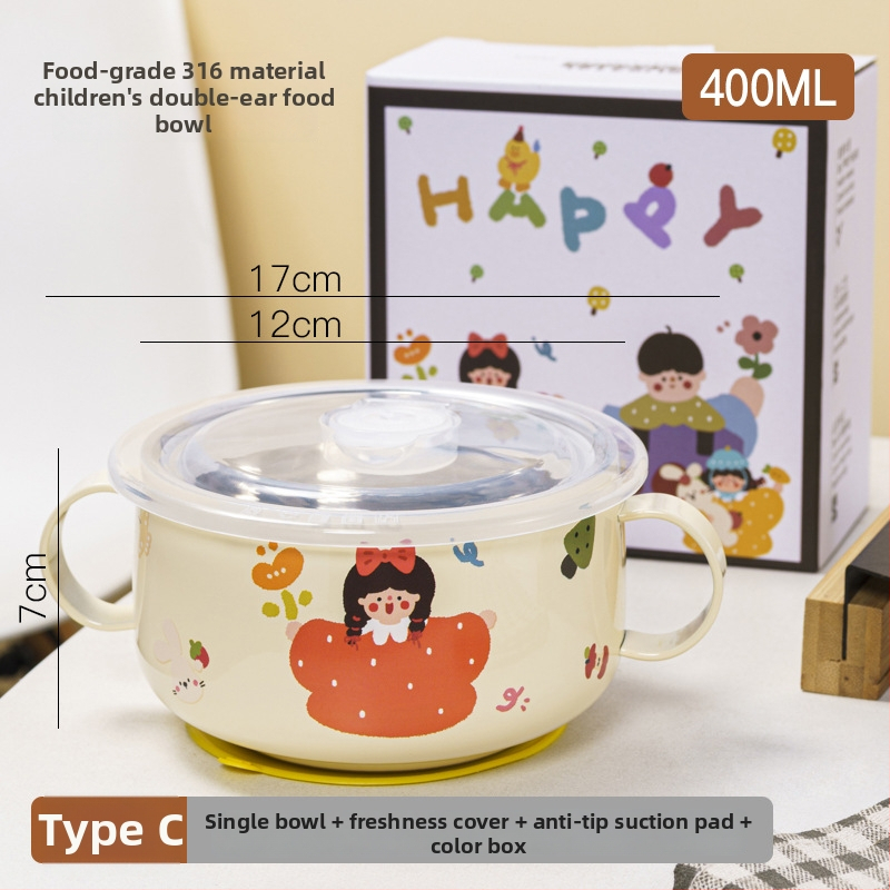 Bol pentru copii din oțel inoxidabil, formă rotundă, suprafață glazurată, design drăguț.