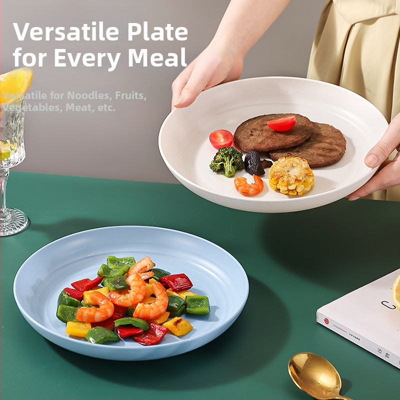 Nordiska stila apaļš trauku komplekts no kviešu salmiem — vienkrāsains, mūsdienīgs dizains; apaļas plāksnes ar logotipa drukāšanu un personalizāciju; nav piemērots mikroviļņu krāsnī.