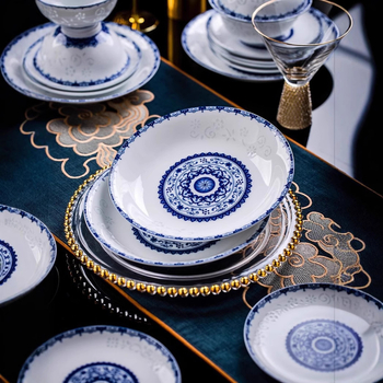 Set de veselă din porțelan cu model floral, stil chinezesc, formă circulară, finisaj subglazură, compatibil cu microunde, personalizabil