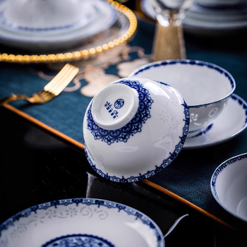 Set de veselă din porțelan cu model floral, stil chinezesc, formă circulară, finisaj subglazură, compatibil cu microunde, personalizabil