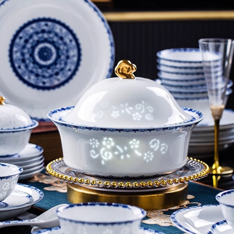 Set de veselă din porțelan cu model floral, stil chinezesc, formă circulară, finisaj subglazură, compatibil cu microunde, personalizabil