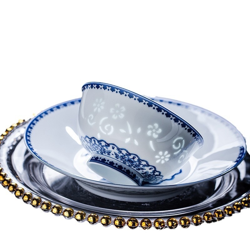 Set de veselă din porțelan cu model floral, stil chinezesc, formă circulară, finisaj subglazură, compatibil cu microunde, personalizabil