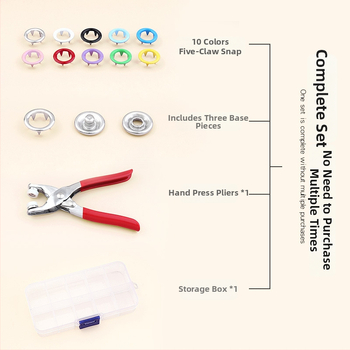 Комплект инструмент за монтаж на копчета с пет зъба – сплавен материал, пет зъб копче, за палта, дънки, ризи и панталони; опаковка 100 бр.