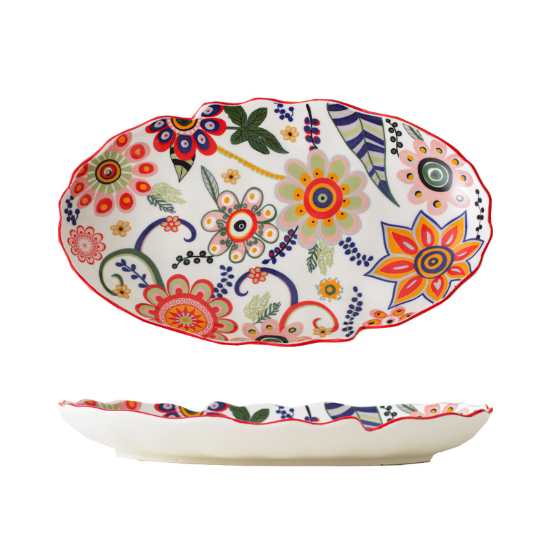 Set posuđa – porcelan, ručno crtani uzorak, nepravilni oblik, svijetao luksuzni retro stil; duboka zdjela za rižu, tanjur za ribu, zdjela za juhu; pogodna za mikrovalnu