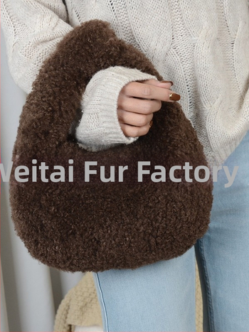 Geantă Dumpling din lână artificială de miel, închidere cu fermoar, căptușeală din piele sintetică, stil urban simplu, Iarnă 2025