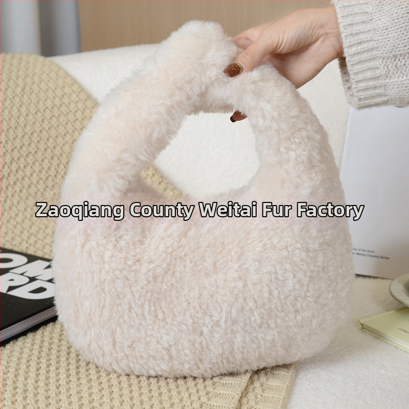 Geantă Dumpling din lână artificială de miel, închidere cu fermoar, căptușeală din piele sintetică, stil urban simplu, Iarnă 2025