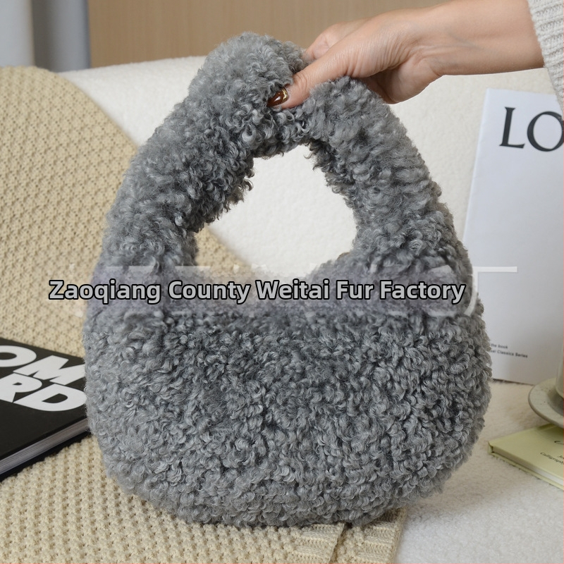 Geantă Dumpling din lână artificială de miel, închidere cu fermoar, căptușeală din piele sintetică, stil urban simplu, Iarnă 2025