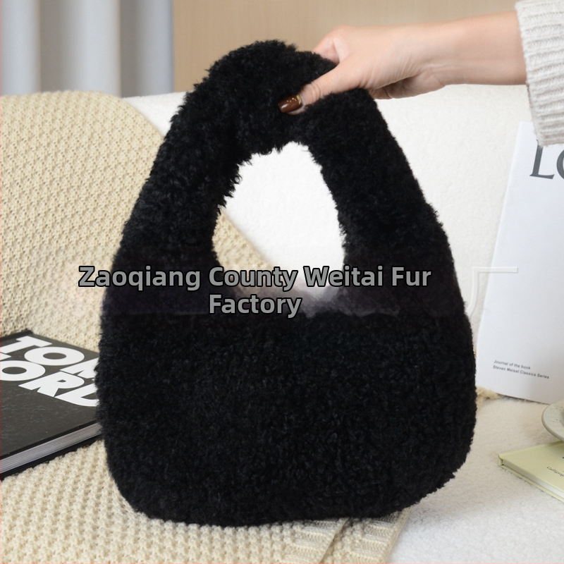 Geantă Dumpling din lână artificială de miel, închidere cu fermoar, căptușeală din piele sintetică, stil urban simplu, Iarnă 2025