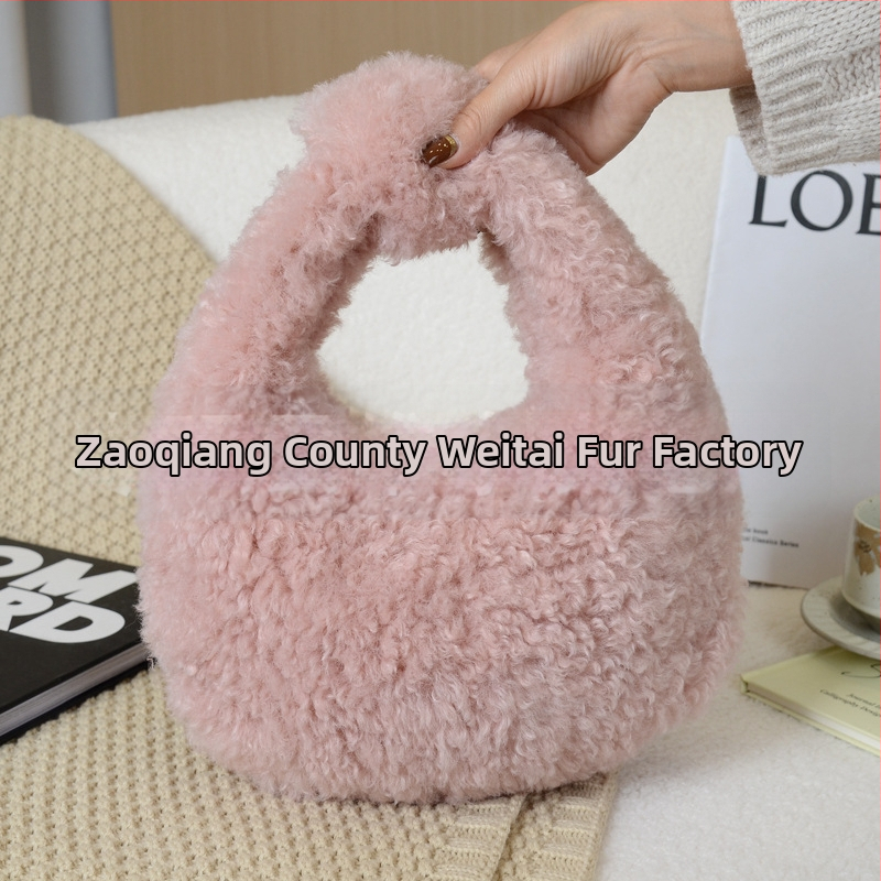 Geantă Dumpling din lână artificială de miel, închidere cu fermoar, căptușeală din piele sintetică, stil urban simplu, Iarnă 2025