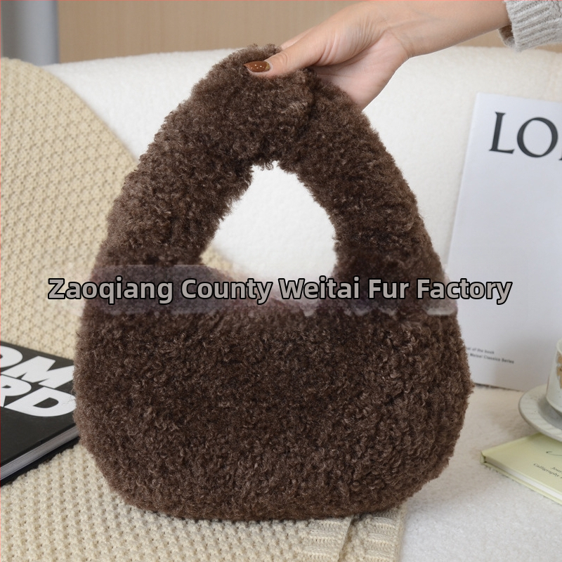 Geantă Dumpling din lână artificială de miel, închidere cu fermoar, căptușeală din piele sintetică, stil urban simplu, Iarnă 2025
