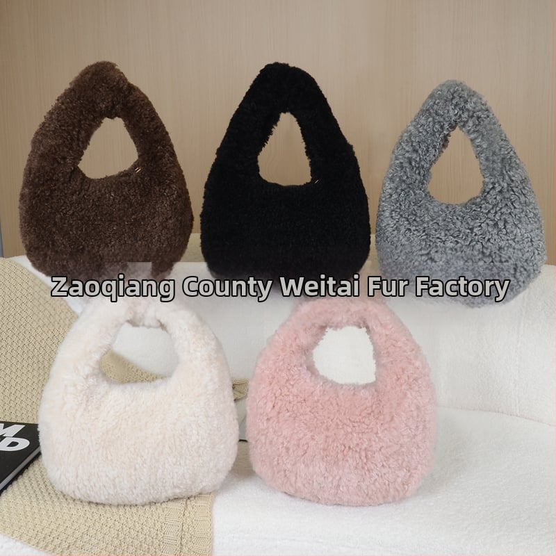 Geantă Dumpling din lână artificială de miel, închidere cu fermoar, căptușeală din piele sintetică, stil urban simplu, Iarnă 2025