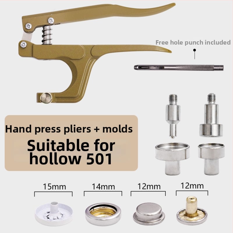 Комплект инструменти за монтиране на метална катарама с ръчни прес-клещи за облекло; Материал: метал; Структура: прес-клещи за метална катарама; Приложение: палта, дънки, шапки, чанти; Марка: Xinghe