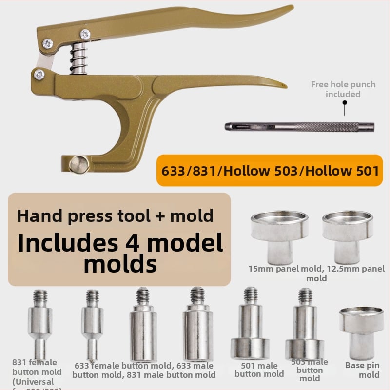 Комплект инструменти за монтиране на метална катарама с ръчни прес-клещи за облекло; Материал: метал; Структура: прес-клещи за метална катарама; Приложение: палта, дънки, шапки, чанти; Марка: Xinghe