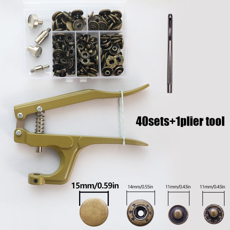 Комплект инструменти за монтиране на метална катарама с ръчни прес-клещи за облекло; Материал: метал; Структура: прес-клещи за метална катарама; Приложение: палта, дънки, шапки, чанти; Марка: Xinghe