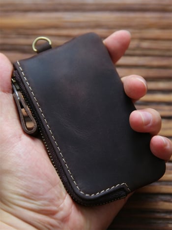 Muška torbica za ključeve od prave kože sa zatvaračem, prva sloj govedje kože, jednostavna boja, otporna na habanje