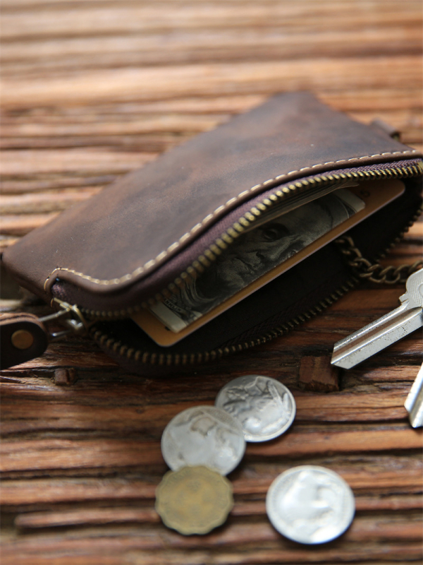 Muška torbica za ključeve od prave kože sa zatvaračem, prva sloj govedje kože, jednostavna boja, otporna na habanje