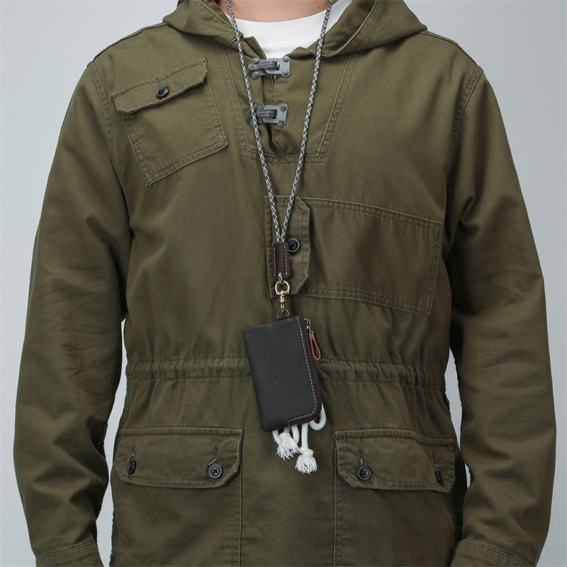 Muška torbica za ključeve od prave kože sa zatvaračem, prva sloj govedje kože, jednostavna boja, otporna na habanje