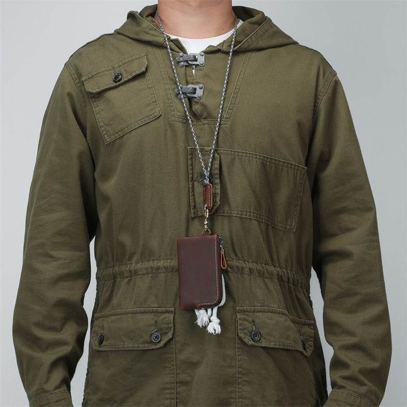 Muška torbica za ključeve od prave kože sa zatvaračem, prva sloj govedje kože, jednostavna boja, otporna na habanje