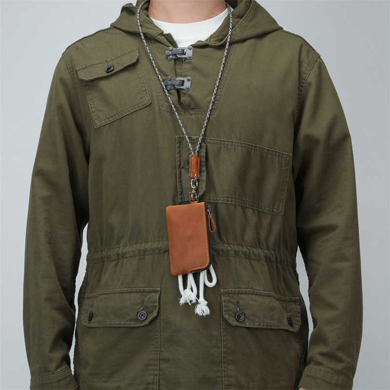 Muška torbica za ključeve od prave kože sa zatvaračem, prva sloj govedje kože, jednostavna boja, otporna na habanje