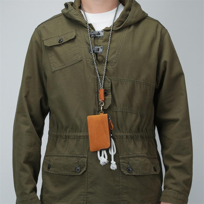 Muška torbica za ključeve od prave kože sa zatvaračem, prva sloj govedje kože, jednostavna boja, otporna na habanje