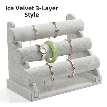 Fából készült háromszintes ékszerkiállító állvány I-alakú tervezéssel, Nordic stílus, velúr burkolat