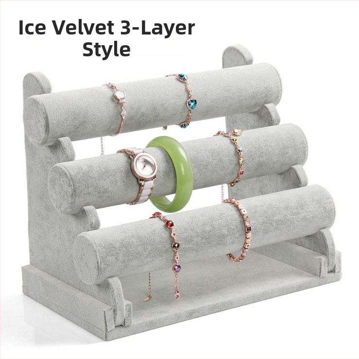 Fából készült háromszintes ékszerkiállító állvány I-alakú tervezéssel, Nordic stílus, velúr burkolat