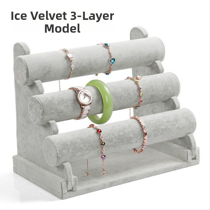 Fából készült háromszintes ékszerkiállító állvány I-alakú tervezéssel, Nordic stílus, velúr burkolat