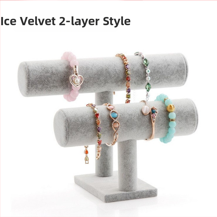 Fából készült háromszintes ékszerkiállító állvány I-alakú tervezéssel, Nordic stílus, velúr burkolat