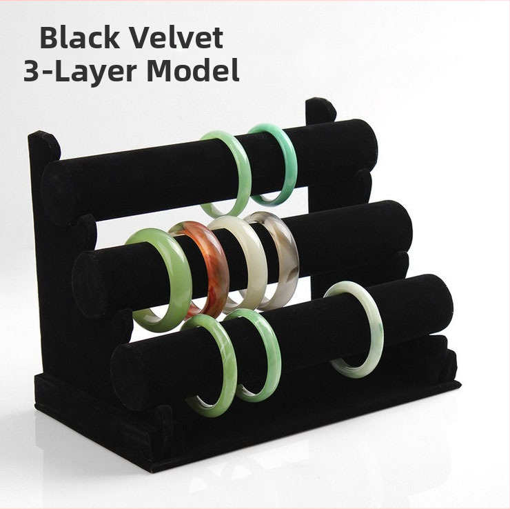 Fából készült háromszintes ékszerkiállító állvány I-alakú tervezéssel, Nordic stílus, velúr burkolat