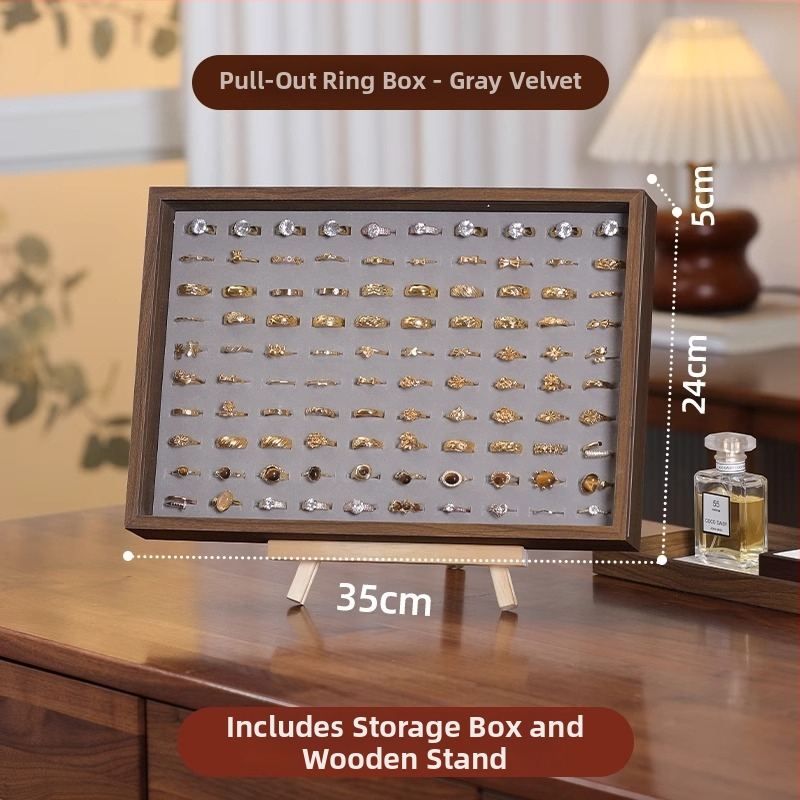 Fa gyűrűk kiállító doboz – 100 gyűrű kapacitás, téglalap alakú, diófurnér borítással, egy rétegű