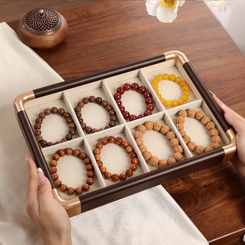 Tavă de afișare bijuterii din lemn, grilă cu nouă pătrate, 12 compartimente, lemn masiv, confecționată prin îmbinare, aspect premium