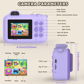 S1 Детска камера за моментен печат — 2.4-инчов IPS HD екран, предна и задна камери по 1.0 MP, TF карта 8–64 GB (FAT32), батерия 3.7V 1300 mAh, включени 5 ролки за принтиране