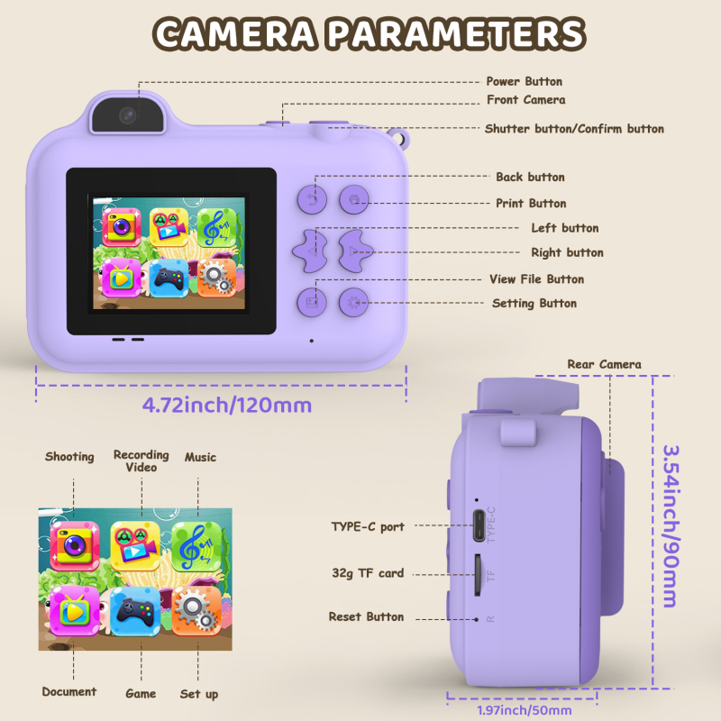 S1 Детска камера за моментен печат — 2.4-инчов IPS HD екран, предна и задна камери по 1.0 MP, TF карта 8–64 GB (FAT32), батерия 3.7V 1300 mAh, включени 5 ролки за принтиране