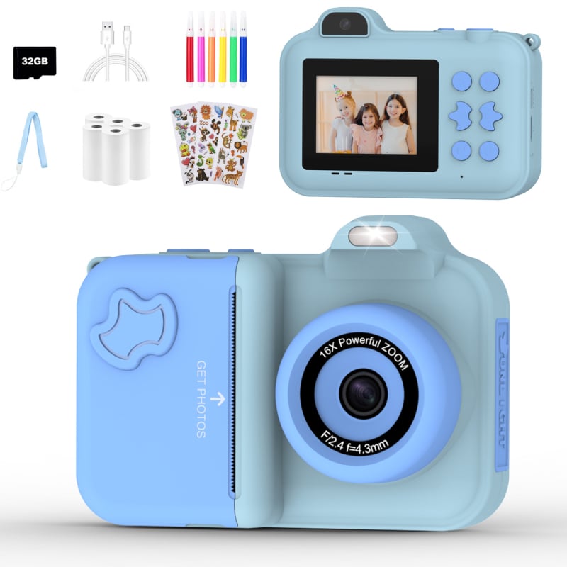 S1 Детска камера за моментен печат — 2.4-инчов IPS HD екран, предна и задна камери по 1.0 MP, TF карта 8–64 GB (FAT32), батерия 3.7V 1300 mAh, включени 5 ролки за принтиране