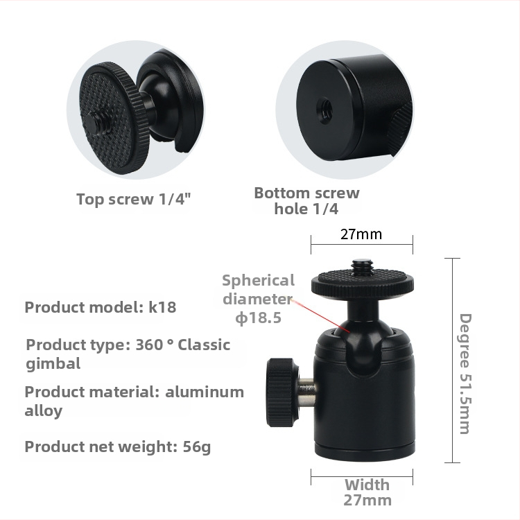 Alumīnija sakausējuma lodes galva DSLR statīvam, 360° horizontāla griešanās, 90° vertikāla griešanās, skrūvju stiprinājums, svars 0,11 kg, saderīgs ar Yajia