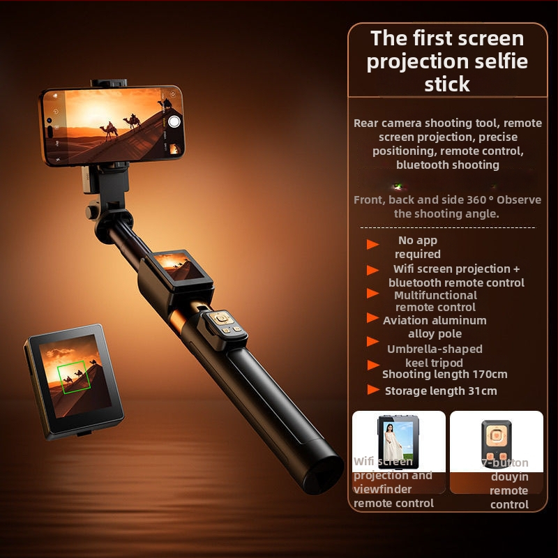 Mobilā tālruņa selfijam un tiešraides komplekts: ekrāna atspoguļošanas ierīce, statīvs, tālruņa turētājs; alumīnija sakausējums, attāluma vadība, Bluetooth, pielāgošana atbalstīta