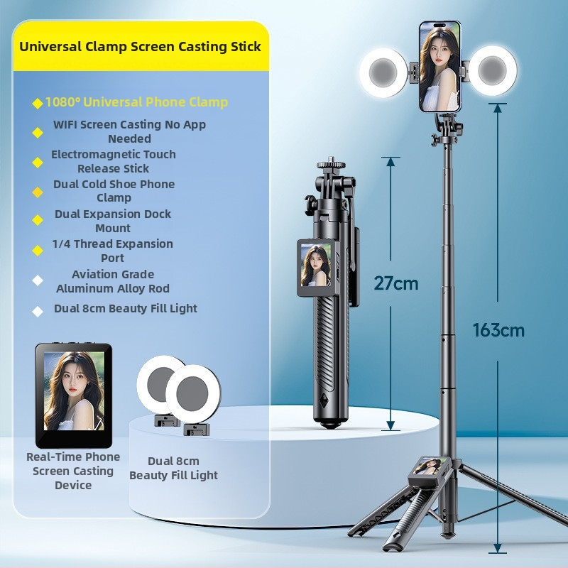 Mobilā tālruņa selfijam un tiešraides komplekts: ekrāna atspoguļošanas ierīce, statīvs, tālruņa turētājs; alumīnija sakausējums, attāluma vadība, Bluetooth, pielāgošana atbalstīta