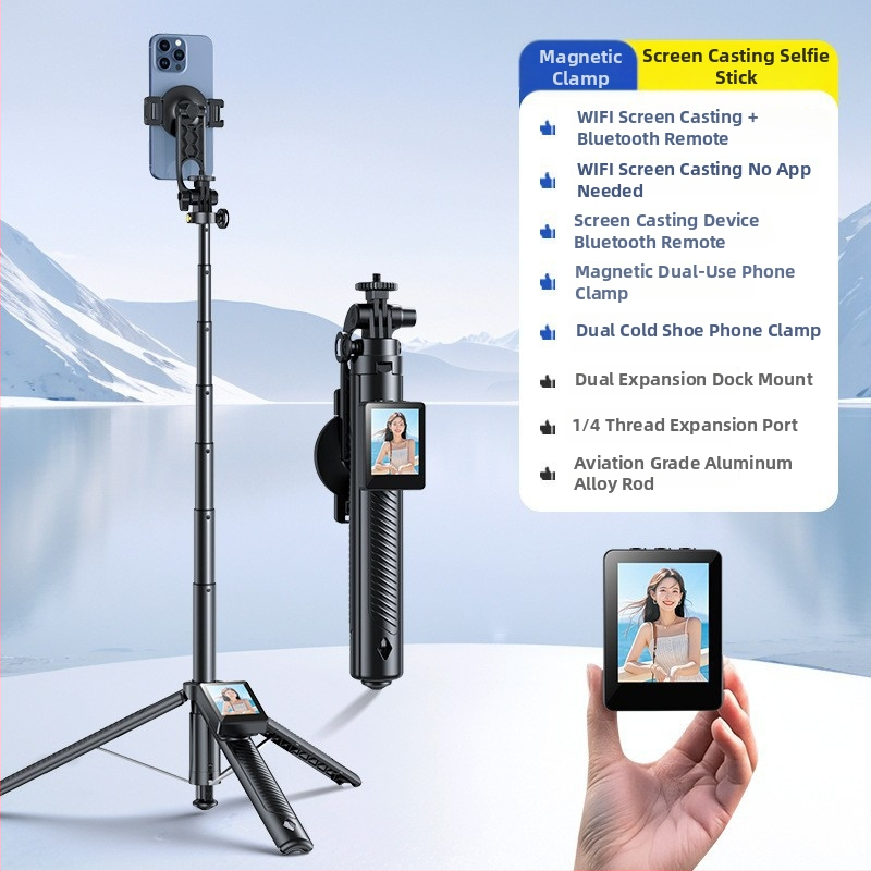 Mobilā tālruņa selfijam un tiešraides komplekts: ekrāna atspoguļošanas ierīce, statīvs, tālruņa turētājs; alumīnija sakausējums, attāluma vadība, Bluetooth, pielāgošana atbalstīta