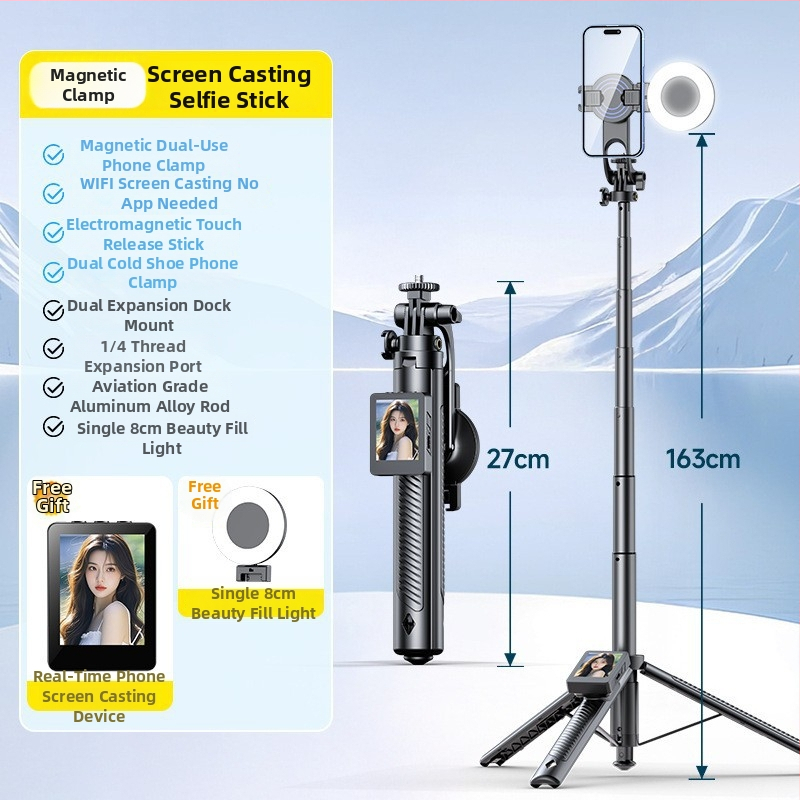 Mobilā tālruņa selfijam un tiešraides komplekts: ekrāna atspoguļošanas ierīce, statīvs, tālruņa turētājs; alumīnija sakausējums, attāluma vadība, Bluetooth, pielāgošana atbalstīta